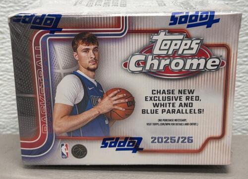 2025/26 Topps Chrome NBA Basketball Blaster Box, 28 Cards, Exclusive Red White Blue Parallels