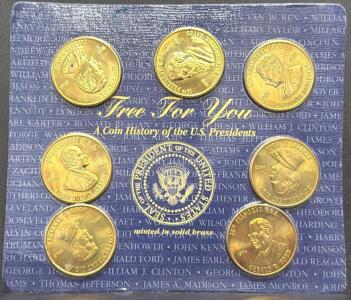 Reader's Digest 7-Piece Presidential Solid Brass Coin Set 1997 w/ Display & Info Card