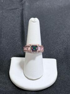 Princess Cut Mystic Topaz and Pink Gem Rose Gold Fashion Ring, Prong & Channel Set, 10mm Face