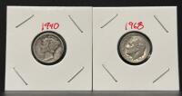 1940 Mercury Dime 90% Silver & 1968-D Roosevelt Dime Collectible U.S. 10c Coins Lot