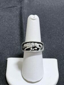 Sterling Silver Lion Motif Ring 925 Stamped, Sculpted Openwork Band, Antique Finish