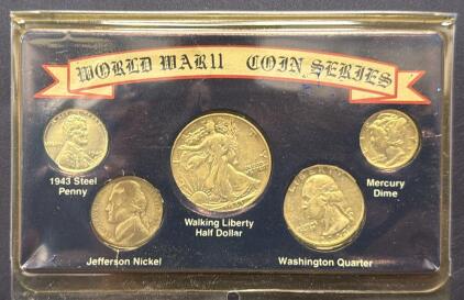WWII Coin Series Set: 1943 Steel Penny, Jefferson Nickel, Walking Liberty Half, Washington Quarter, 1944 Mercury Dime