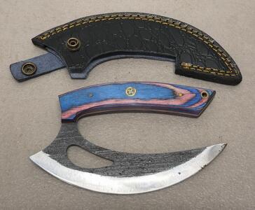 Custom Ulu Knife with Dyed Wood Handle and Leather Sheath