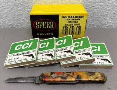 Speer .38 Cal 158gr JHP Bullets, CCI No. 500 Small Pistol Primers, Kent Celluloid Pocket Knife