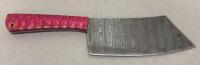 Damascus Cleaver-Style Chef&rsquo;s Knife, Custom Pink Handle, Full Tang, Patterned Blade, 7.5" - 2