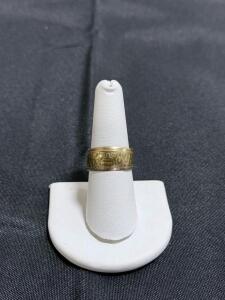 10K Gold Engraved Wide Band Ring, Geometric Pattern, Open-Back, Marked "10K", Yellow Gold