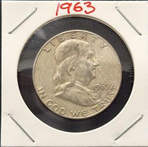 1963-D Franklin Half Dollar, 90% Silver, Denver Mint, Circulated, Benjamin Franklin Design
