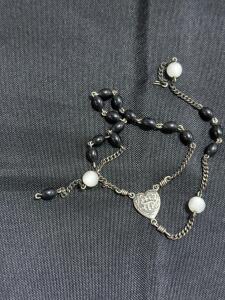 Vintage Sterling Silver IHS Heart Center Rosary, Black & White Beads, 5-Decade Catholic Prayer Chain