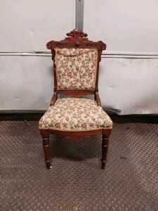 Victorian-Style Carved Wood Accent Chair with Floral Upholstery, Circa Late 19th Century