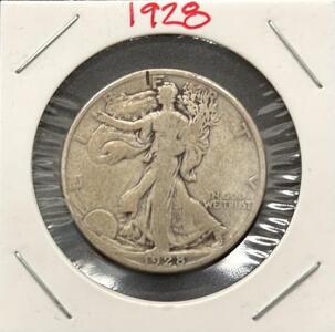 1928-S Walking Liberty Half Dollar, 90% Silver, San Francisco Mint, G4/VG8 Circulated