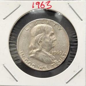 1963-D Franklin Half Dollar 90% Silver, Denver Mint, Circulated, Liberty Bell Design