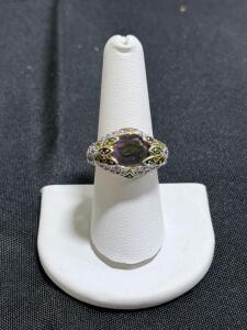 Oval Multi-Stone Cocktail Ring, Two-Tone Metal, Purple and Green Gem Accents, Women's Size Unspecified