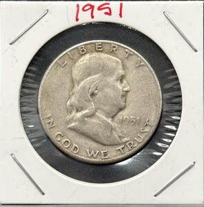 1951-S Franklin Half Dollar, 90% Silver, San Francisco Mint, Circulated U.S. Coin