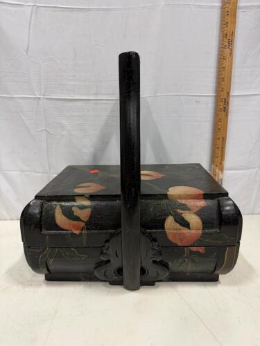 Hand-Painted Chinese Wooden Food Carrier Basket, Black Lacquer, Floral Motif, Arched Handle, c.1920-50 (Sp-12)