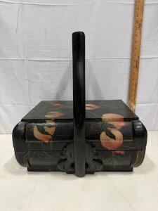 Hand-Painted Chinese Wooden Food Carrier Basket, Black Lacquer, Floral Motif, Arched Handle, c.1920-50 (Sp-12)
