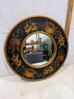Hand-Painted Round Floral Wall Mirror, 18 Inch, Wood Frame, Black & Gold, Dual Hangers Sp-12
