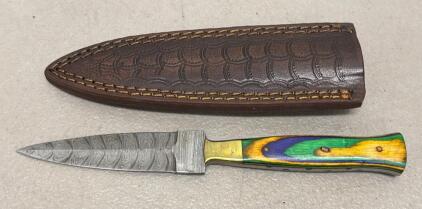 Damascus Steel Fixed Blade Knife, 4" Blade, Multicolor Wood Handle, Leather Sheath Included