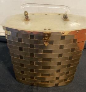 Vintage 1950s Brass and Lucite Basket Purse with Woven Body, Faux Mother-of-Pearl Lid