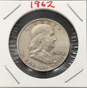 1962 Franklin Half Dollar, 90% Silver, Denver Mint, Circulated Condition