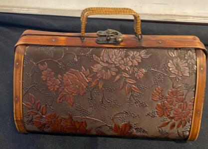Vintage Wooden and Leather Floral Embossed Purse with Brass Hardware,
