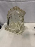 Galloping Horse Sculpture on Wood Base & Pair of Clear Glass Horse Head Bookends Sp-12 - 4