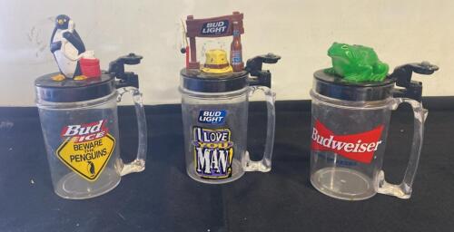 Set of 1990s Budweiser, Bud Ice, and Bud Light Promotional Novelty Flip-Top Beer Mugs