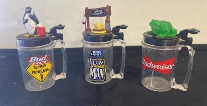 Set of 1990s Budweiser, Bud Ice, and Bud Light Promotional Novelty Flip-Top Beer Mugs