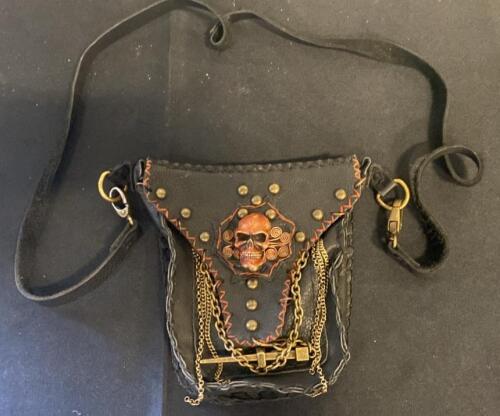 Handmade Gothic Leather Crossbody Bag, Skull & Chain Decor, Black, Custom Punk Style, 7x6 in ( SP2 )