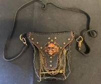 Handmade Gothic Leather Crossbody Bag, Skull & Chain Decor, Black, Custom Punk Style, 7x6 in ( SP2 )