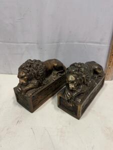 Pair of Solid Bronze Reclining Lion Bookends, Neoclassical Design, Approx. 7"x3"x4", 5 lbs Total Sp-12
