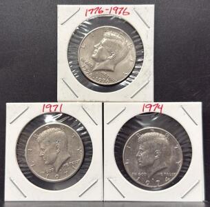 1971, 1974, and 1776-1976 Kennedy Half Dollar 3-Coin Set - Copper-Nickel Clad US Coins