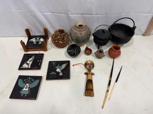 Assorted Collectible Folk Art: Ceramic Coaster Set, Pottery Vases, Beaded Pot, Carved Figures sp-12