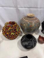 Assorted Collectible Folk Art: Ceramic Coaster Set, Pottery Vases, Beaded Pot, Carved Figures sp-12 - 3