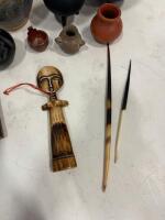 Assorted Collectible Folk Art: Ceramic Coaster Set, Pottery Vases, Beaded Pot, Carved Figures sp-12 - 5