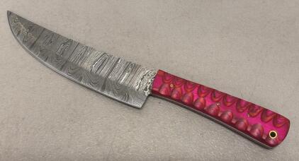 Damascus Fixed Blade Knife | 6" Blade, Pink Wave Handle, Mosaic Pins, Full Tang