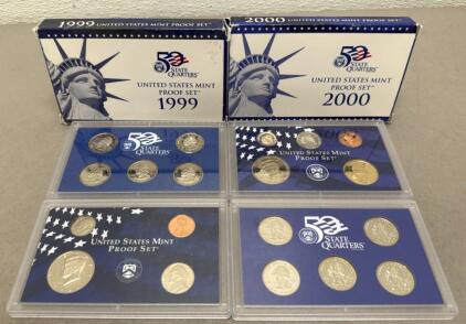 1999 & 2000 U.S. Mint Proof Sets with Original Packaging, Certificates, 50 State Quarters, Sacagawea Dollar