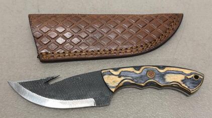 Custom Wood Handle Gut Hook Fixed-Blade Hunting Knife with Leather Sheath, Mosaic Pin