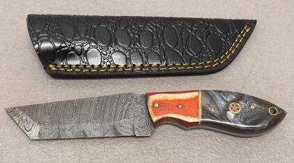 Custom Damascus Steel Tanto/Wharncliffe Fixed Blade Knife, Mosaic Handle, Leather Sheath, 8" Overall