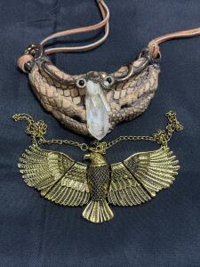 Handcrafted Tribal Statement Necklace with Quartz Crystal & Gold-Tone Eagle Pendant, Faux Leather
