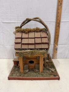 Rustic Log Cabin Style Wooden Birdhouse &ndash; Stone Chimney, Moss Roof, Branch Handle, 15" Tall Sp-13