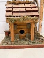 Rustic Log Cabin Style Wooden Birdhouse &ndash; Stone Chimney, Moss Roof, Branch Handle, 15" Tall Sp-13 - 2
