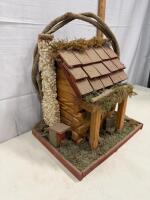 Rustic Log Cabin Style Wooden Birdhouse &ndash; Stone Chimney, Moss Roof, Branch Handle, 15" Tall Sp-13 - 3