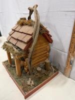 Rustic Log Cabin Style Wooden Birdhouse &ndash; Stone Chimney, Moss Roof, Branch Handle, 15" Tall Sp-13 - 4