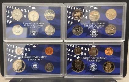 United States Mint 1999 and 2001 Proof Sets with 50 State Quarters, Complete, COA, Box