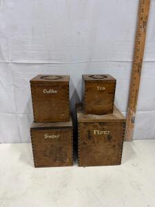 Vintage Wood Kitchen Canister Set Coffee Tea Sugar Flour Primitive Farmhouse 4-Piece Box Joint Sp-13