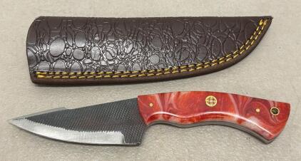 Fixed-Blade Knife with Drop Point Blade and Red Swirl Handle