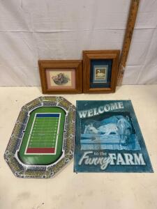 Decorative Wall Art and Novelty Lot: Football Stadium Tray, Funny Farm Sign, Signed Ostryn Print sp-13
