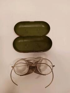 Vintage Metal Safety Glasses with Mesh Side Shields and Green Metal Case