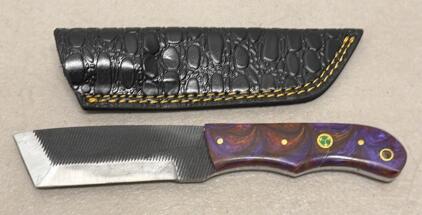 Custom Fixed Blade Tanto Utility Knife, Swirled Resin Handle, Mosaic Pin, 3.5" Blade, Sheath