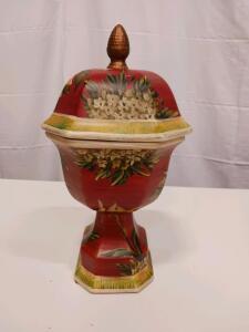 Hand-Painted Ceramic Pedestal Jar with Floral Motif, Octagonal Base & Lid, 12" Tall, Red/Gold